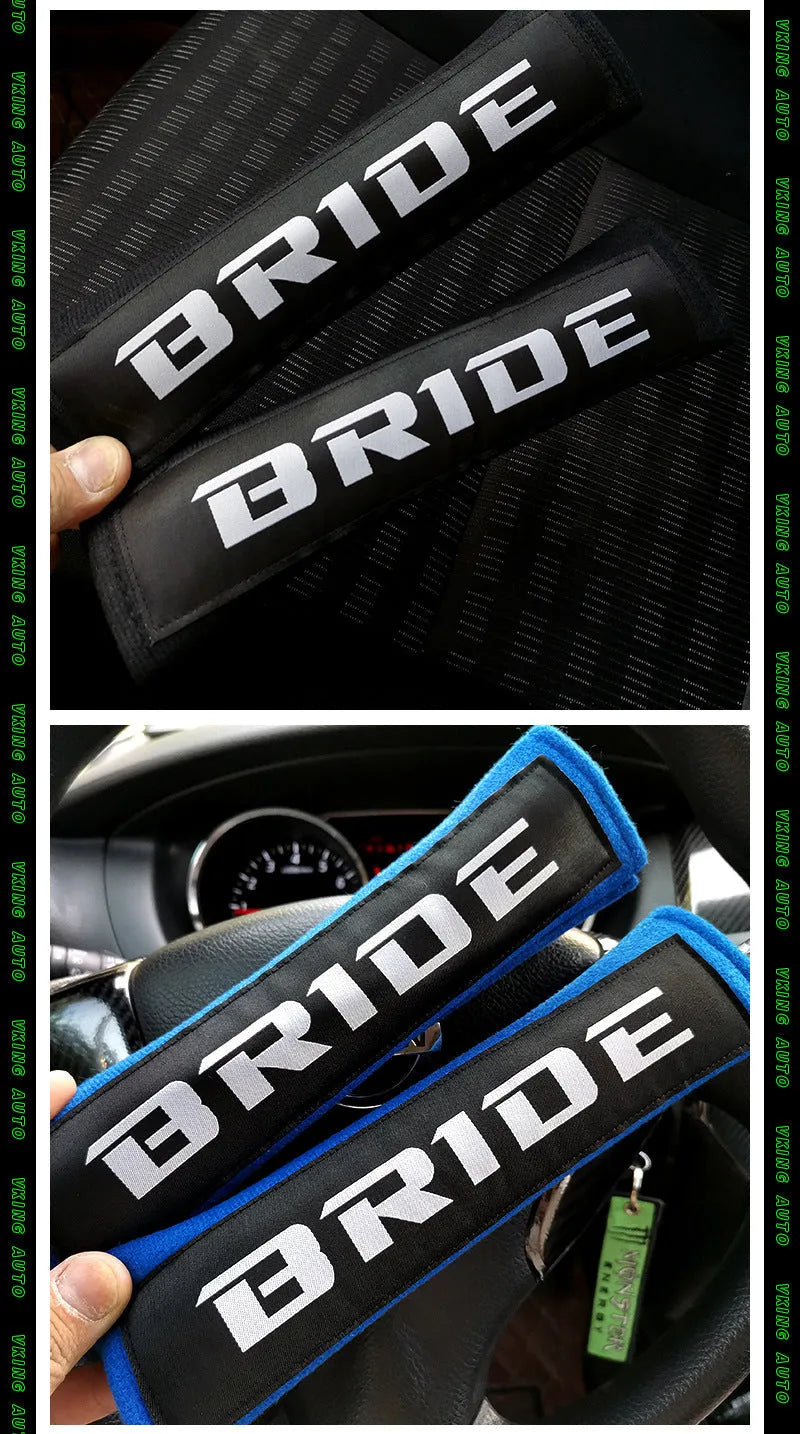 Pair of black car seatbelt shoulder pads with embroidered texture, showing dimensions.