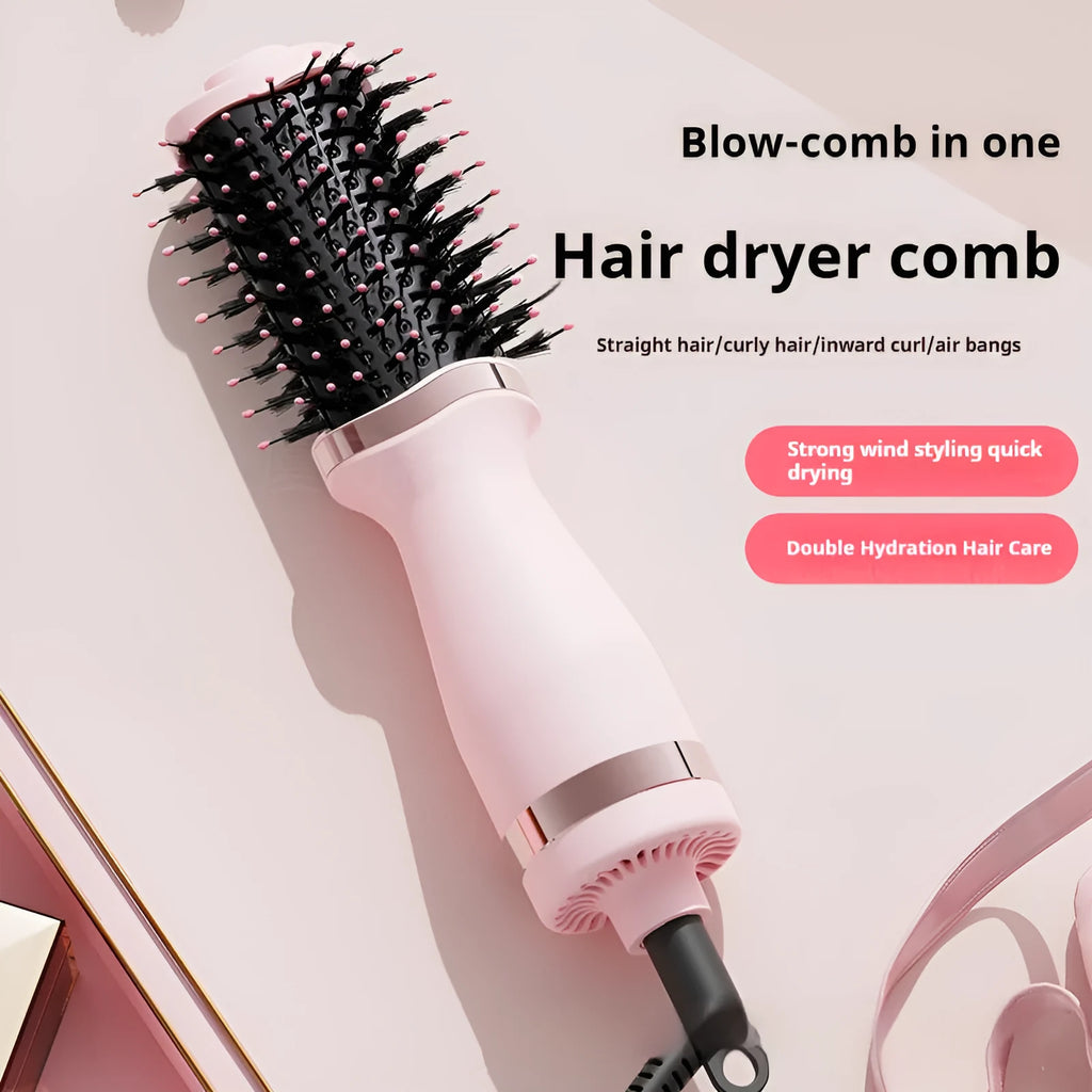 Pink multifunctional hair dryer with integrated comb and curling attachment