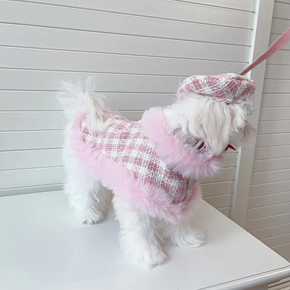 Pink polyester cat cape and beret set with hand-holding rope leash attachment