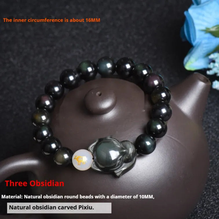 Natural obsidian zodiac bracelet with 10mm beads in gold, silver and black stone variations