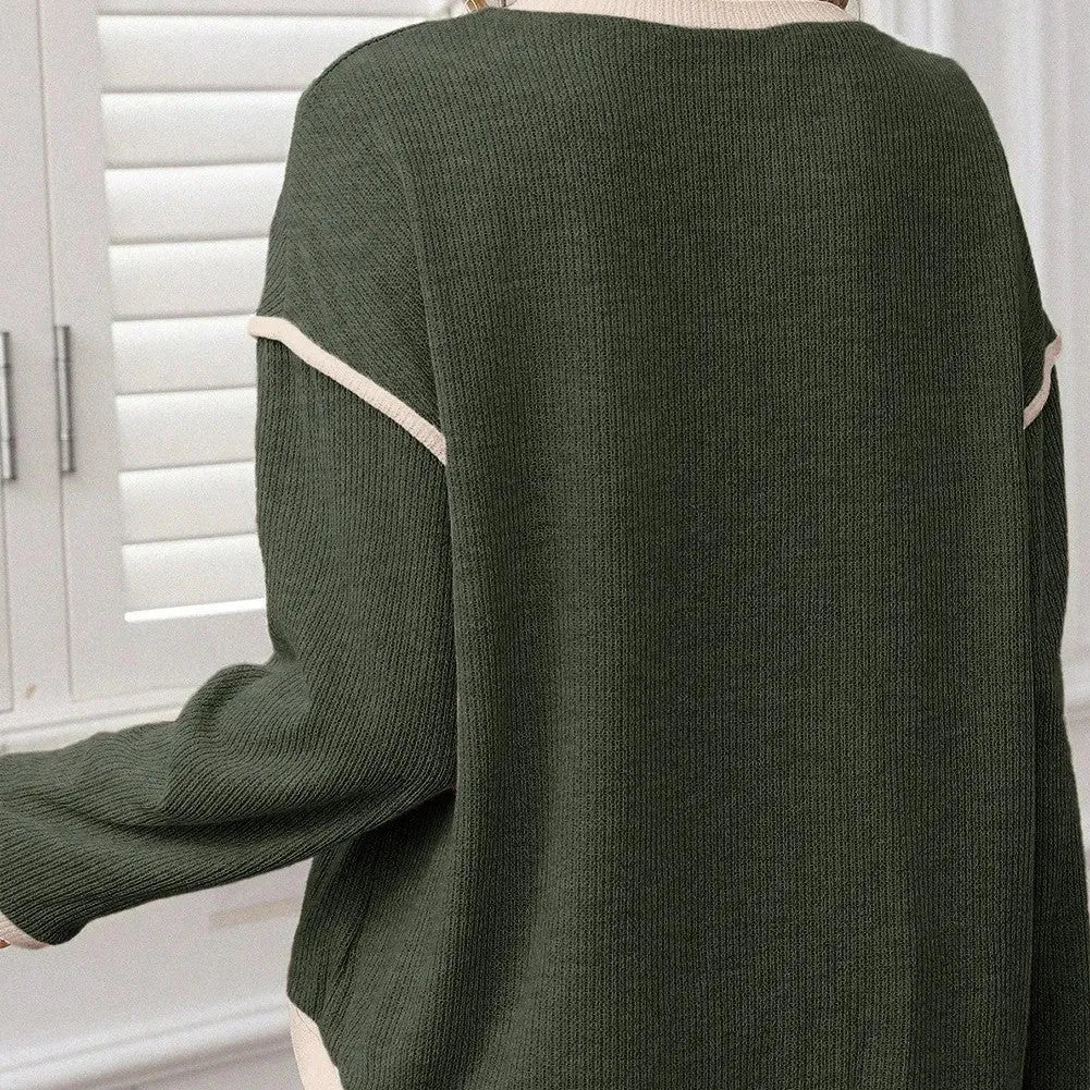 Women's loose knit top with contrast trim on sleeves, in beige, light pink or four leaf clover colour