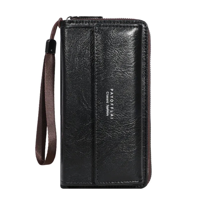 Men's black PU leather long wallet showing multiple card slots and note compartment.