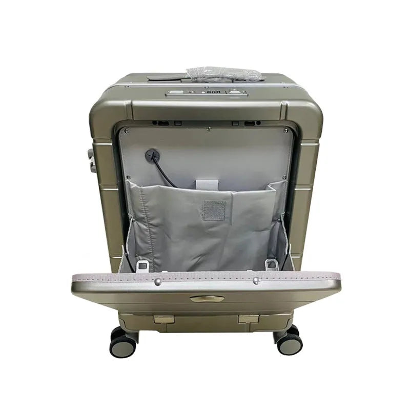 20-inch black cabin suitcase with a front-opening wet-dry compartment and four spinner wheels.