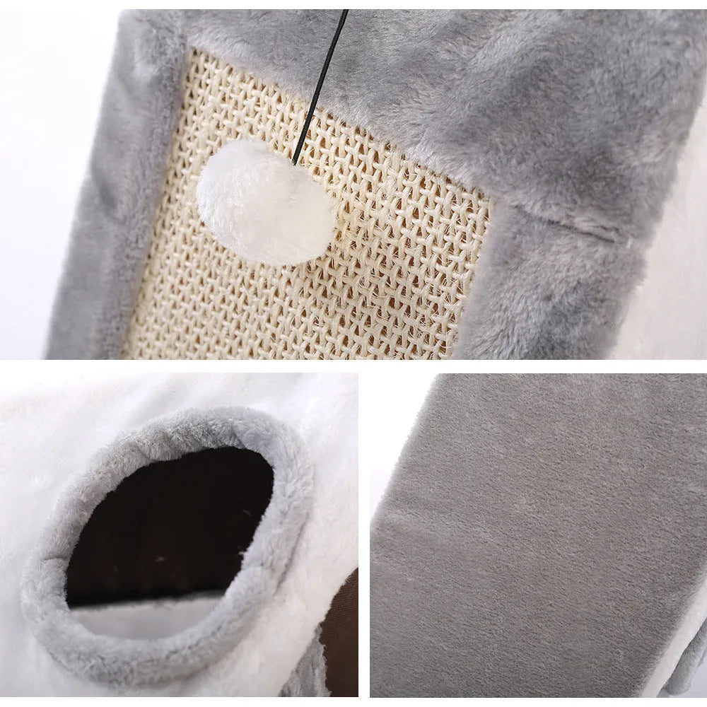 Grey and white triangle-shaped cat scratching post with an integrated plush fur bed for lounging.