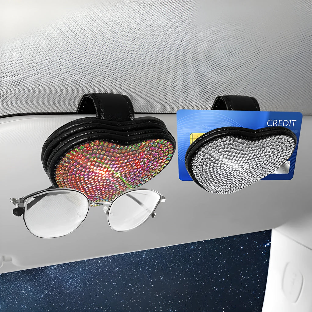 Black PU leather magnetic car sun visor clip holding sunglasses with a slot for tickets.