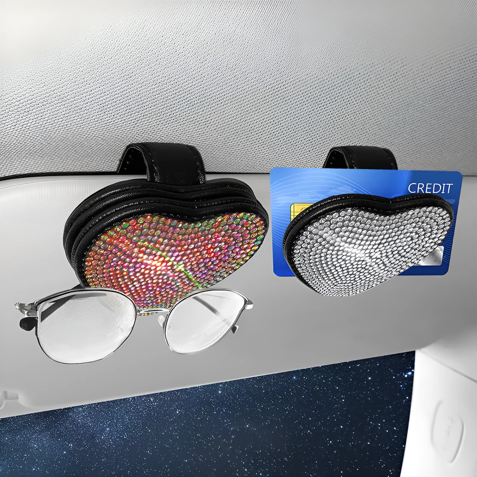 Black PU leather magnetic car sun visor clip holding sunglasses with a slot for tickets.