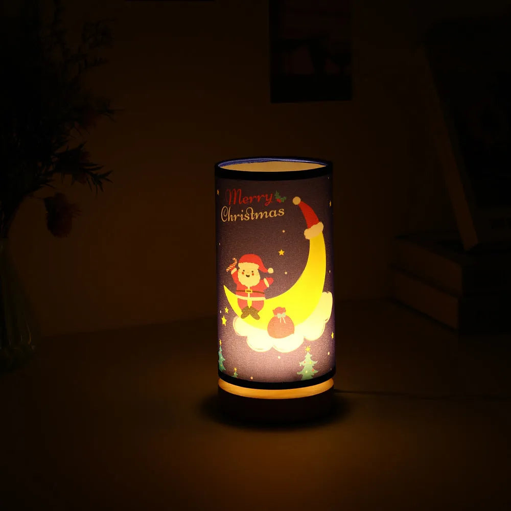 Moon Santa Claus themed LED night light with USB plug and bamboo lamp holder.