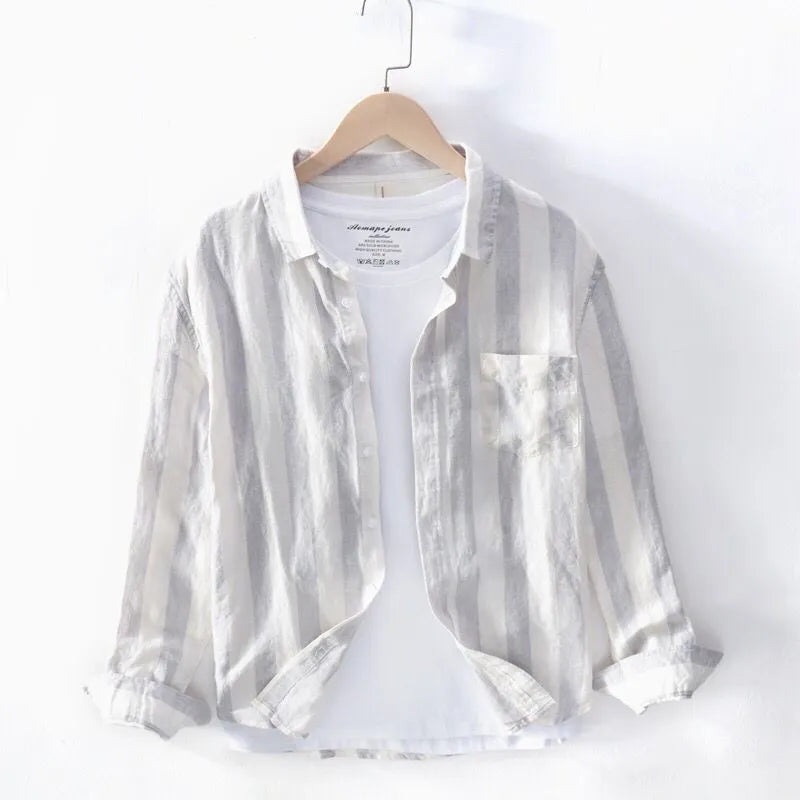 Men's blue Hong Kong style shirt with loose fit design and long sleeves for plus-size individuals