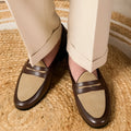Coffee grey suede leather men's loafers with a slip-on kick closure and rubber sole.