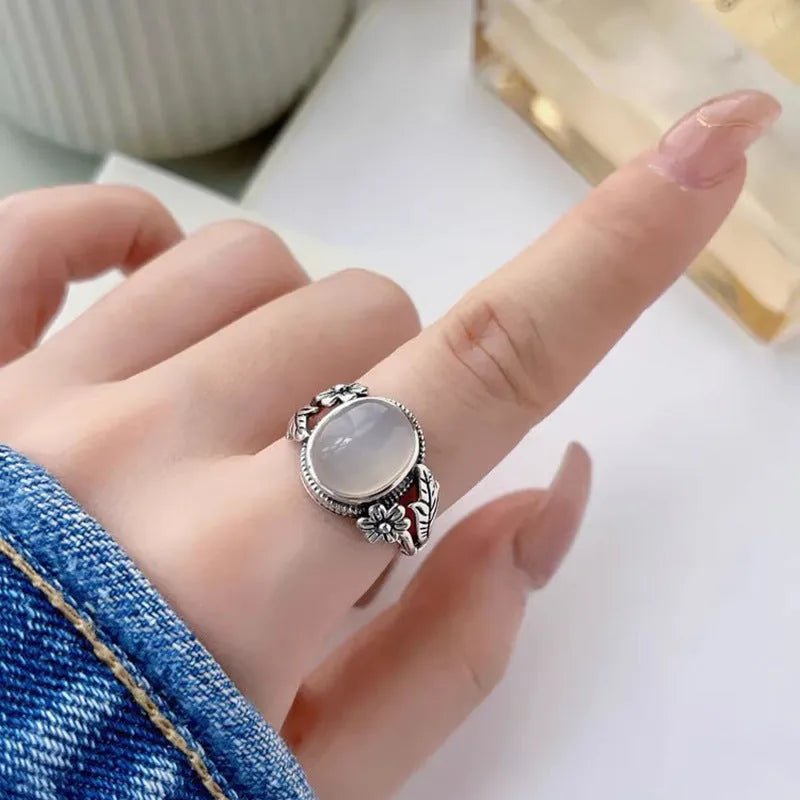 Copper vintage ring with imitation white chalcedony stone and adjustable open-mouth design