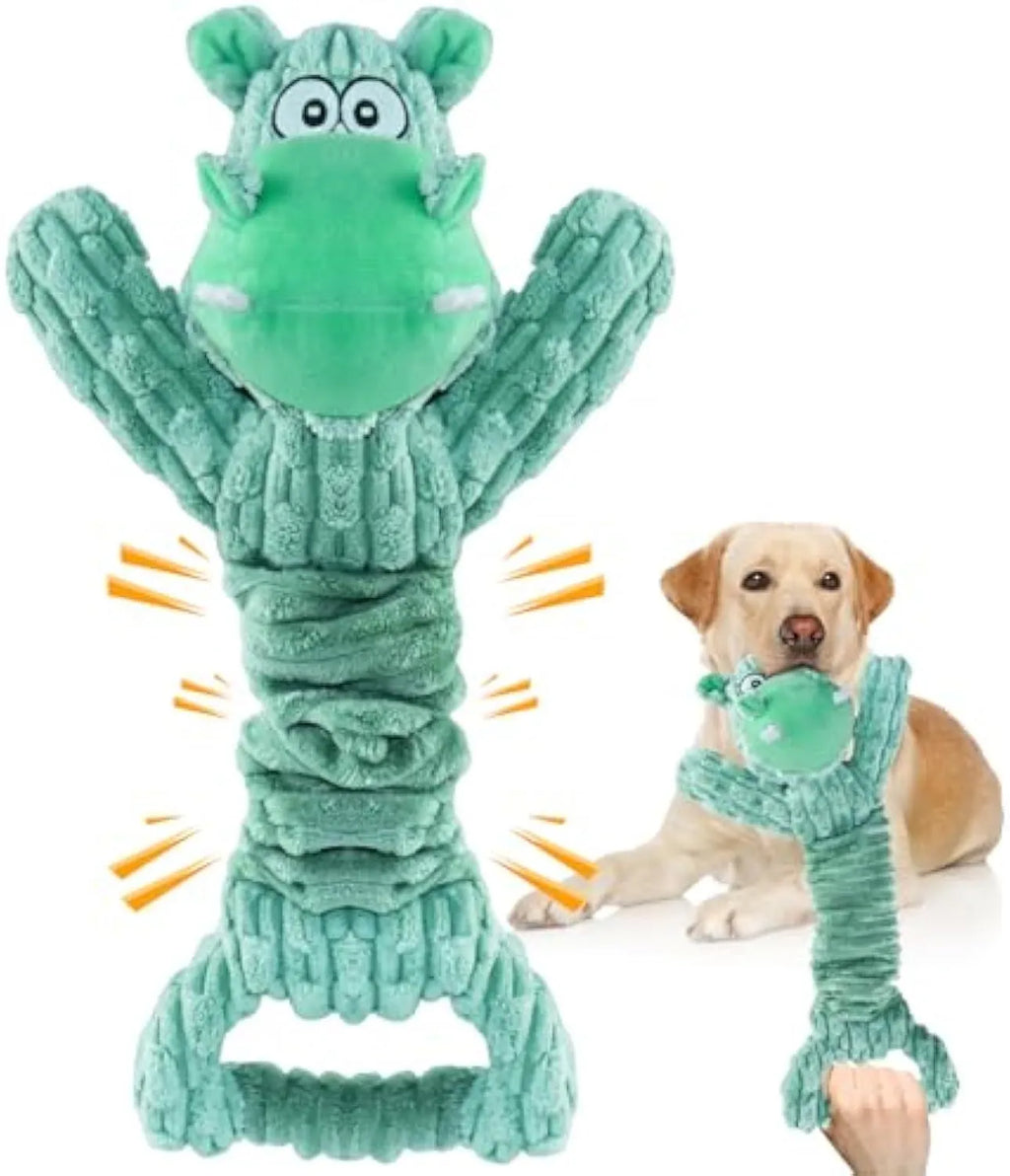 Large squeaky plush hippo or monkey dog toy for tug of war and interactive indoor play