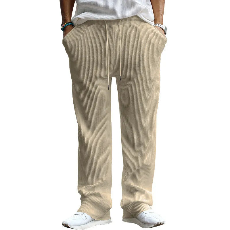Men's loose fit high waist straight leg casual trousers in polyester with micro elasticity