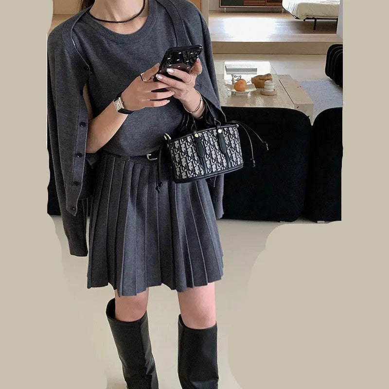 Women's grey Art Retro knitted vest skirt and long-sleeved cardigan set with pleating detail