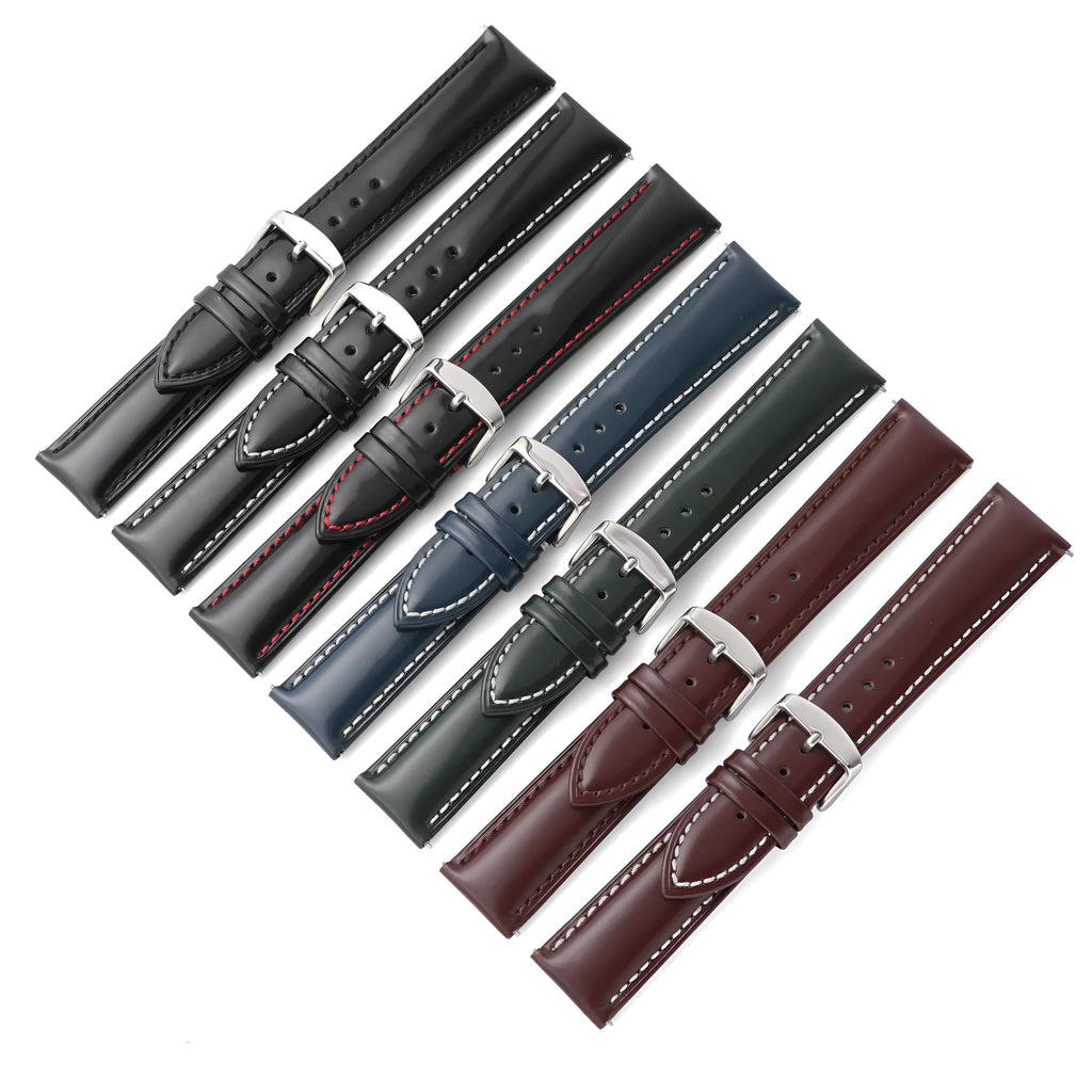 Quick release leather watch strap in bright cowhide showing colour options and width measurements