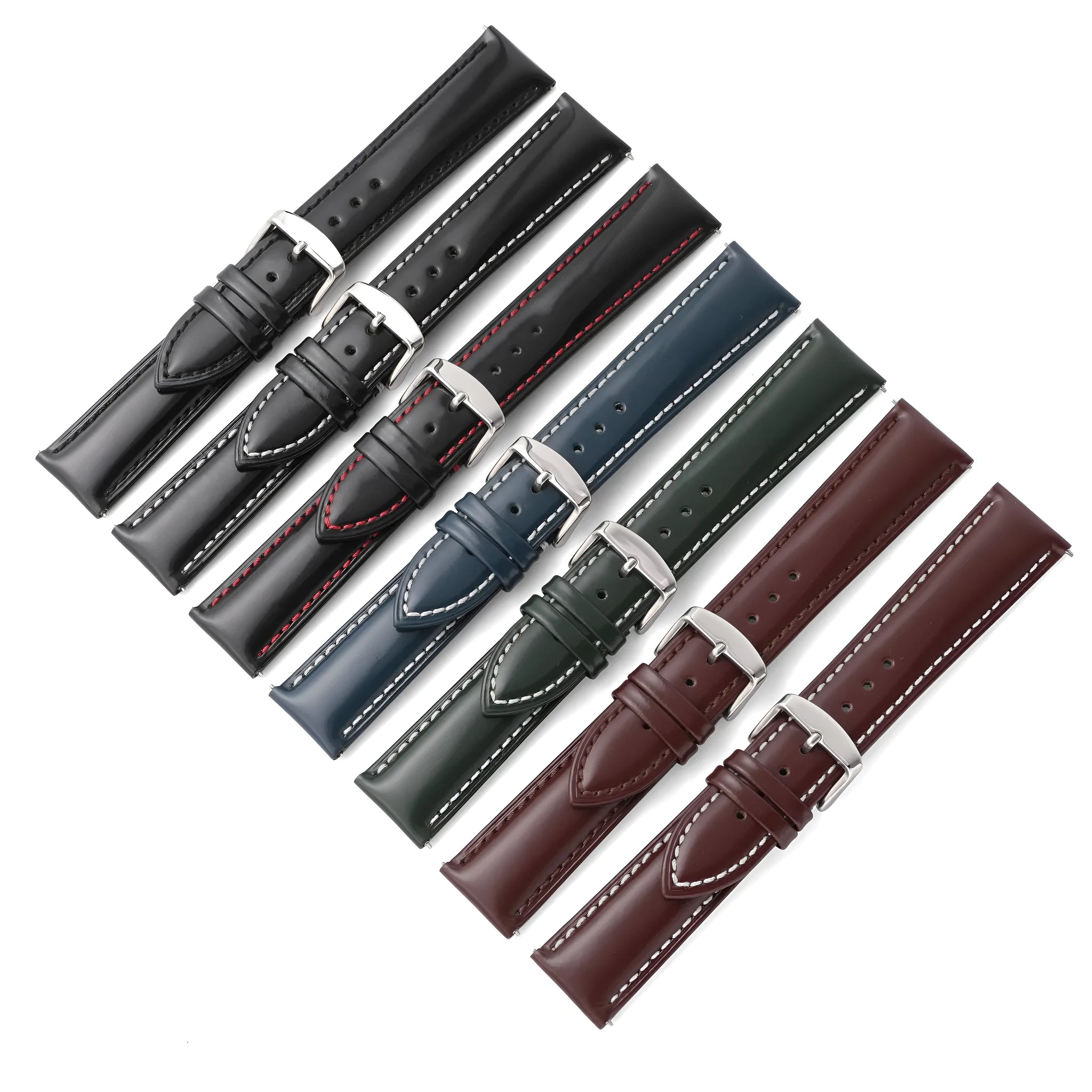 Quick release leather watch strap in bright cowhide showing colour options and width measurements
