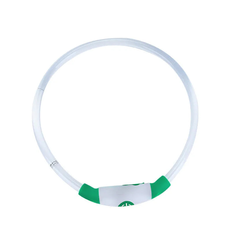 USB rechargeable LED dog collar glowing in dark with adjustable strap