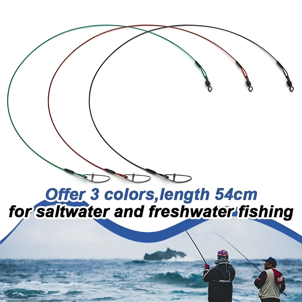 Set of 10 green, black, and red steel wire fishing accessories with double buckle pins, each 54cm long.