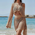 Khaki women's bell sleeve sun protection suit with hollow-out design, two-piece beach cover-up