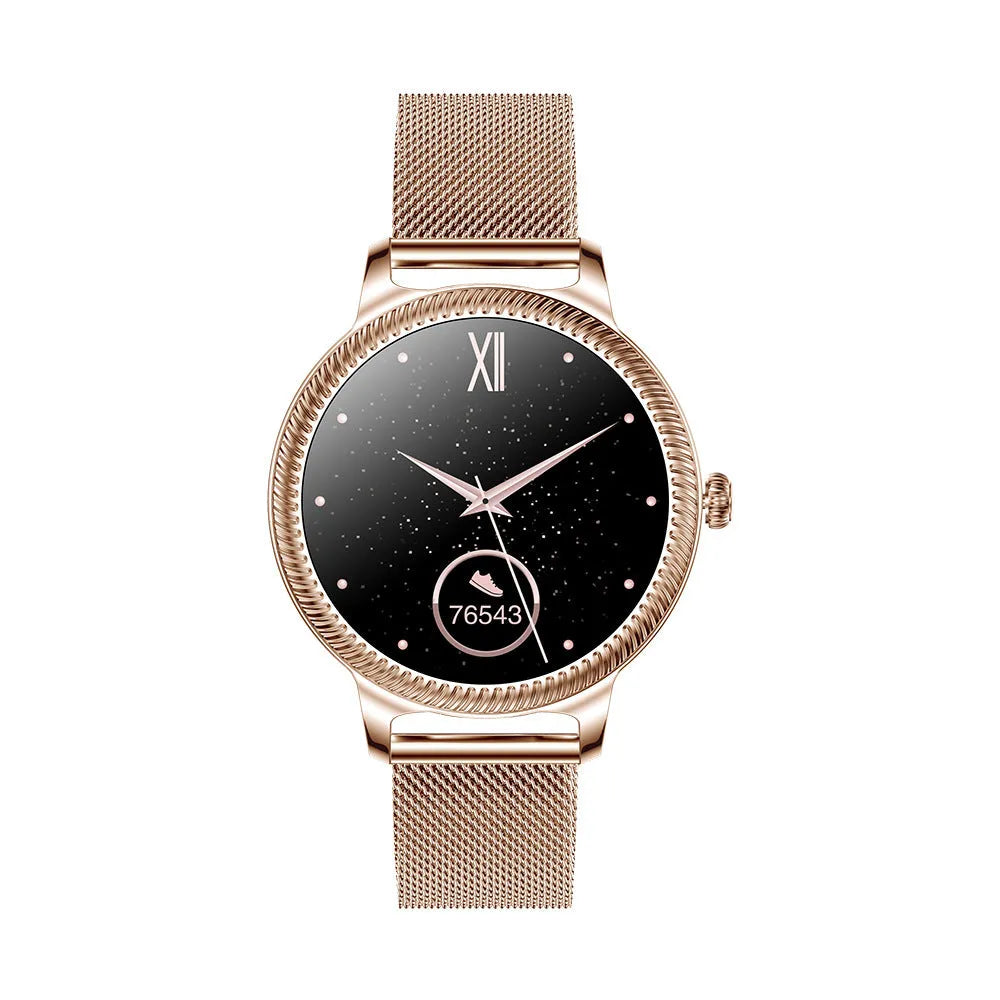 AK38 ladies smartwatch with stainless steel wristband showing 1.09-inch colour display