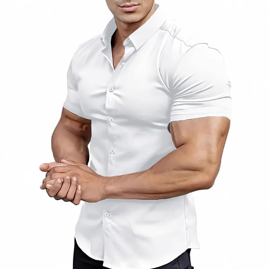 Men's short sleeve printed casual shirt in cardigan style with collar, available in multiple colours