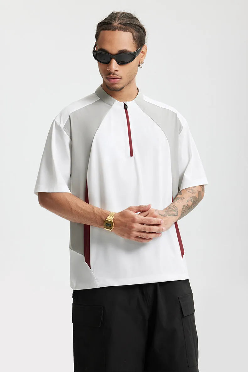 Men's solid colour polyester top showing stitching details and available in long or short sleeve black and beige options