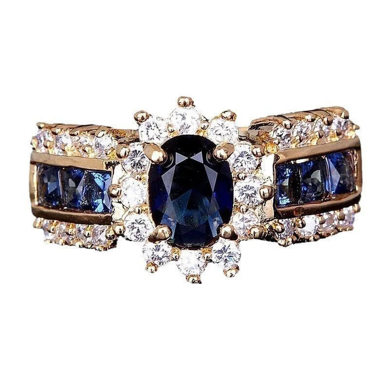 Personalised unisex ring with sunflower blue diamond or square-cut blue and purple zircon designs.