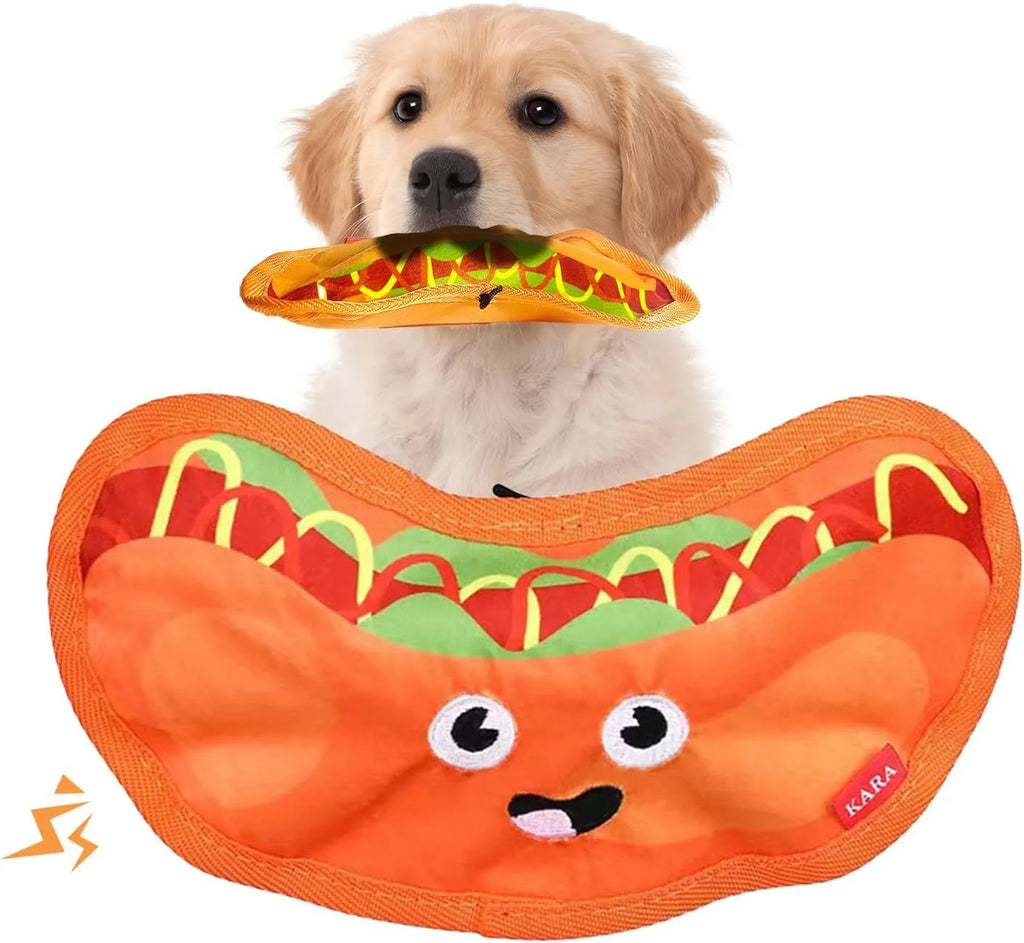 Crinkle and squeak dog toy in burger shape with no stuffing for puppies