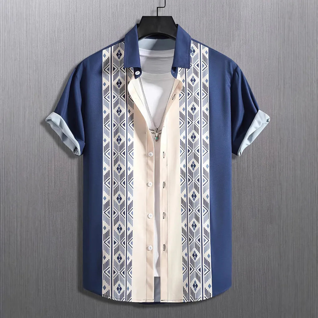 Men's loose fit plaid shirt with lapel cardigan style in contrast colours with short sleeves