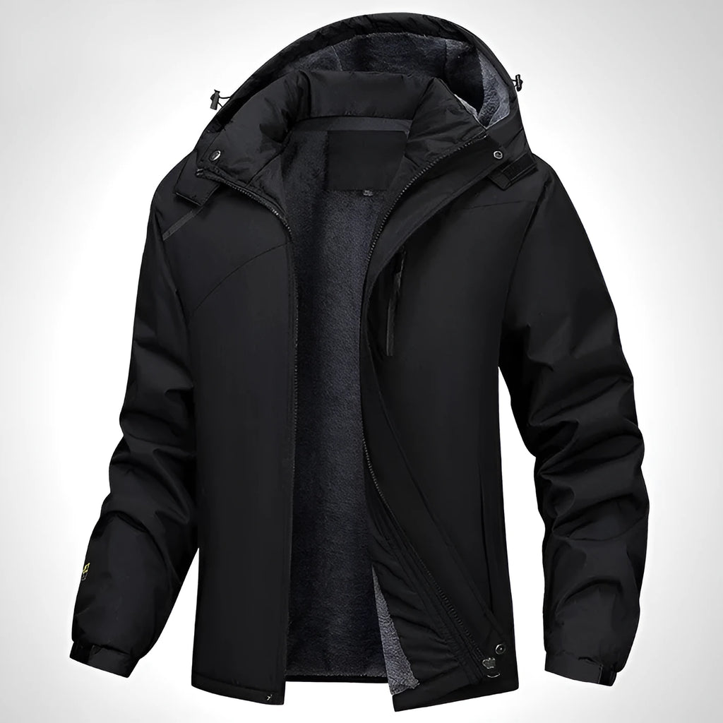 Men's plus size loose fit hooded coat in army green, showing waterproof polyester fabric and front zip.