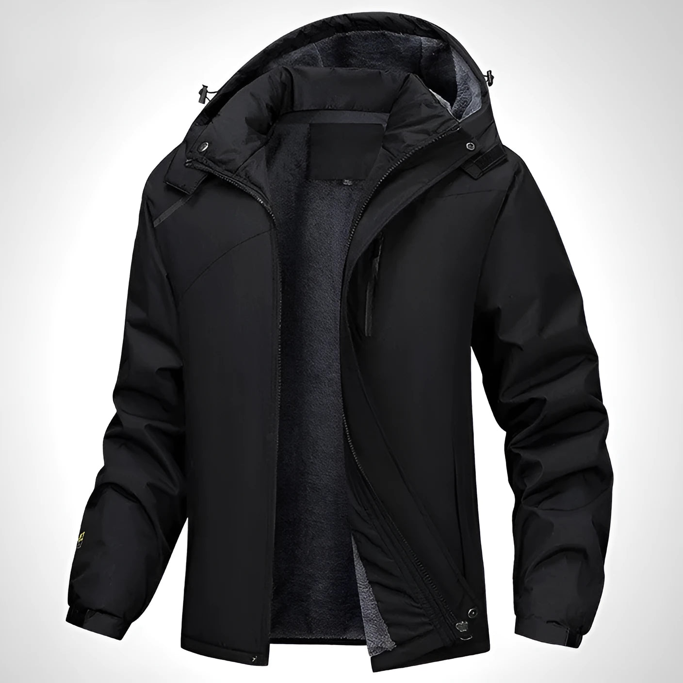 Men's plus size loose fit hooded coat in army green, showing waterproof polyester fabric and front zip.