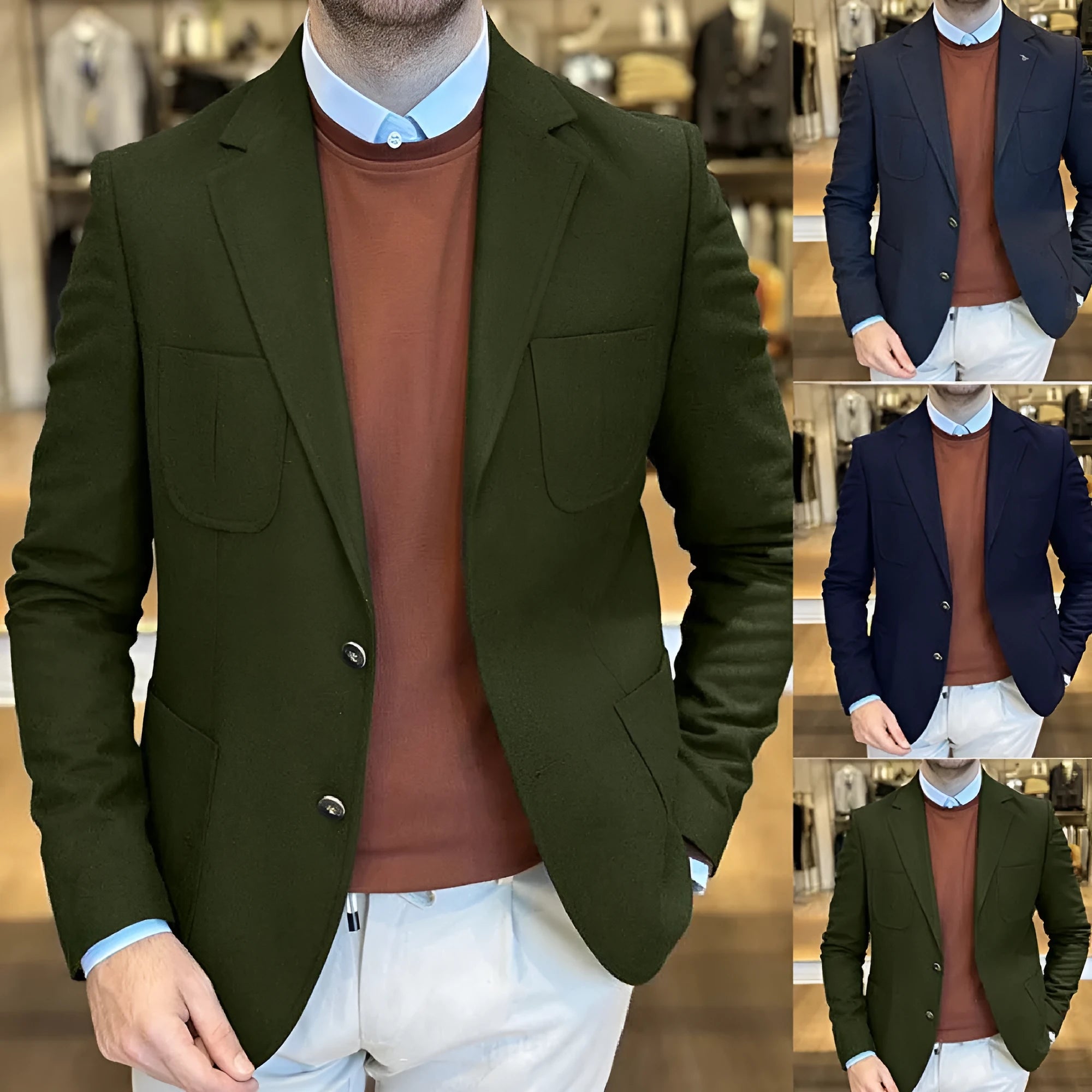 Men's cotton casual suit jacket in loose retro fit showing colour options