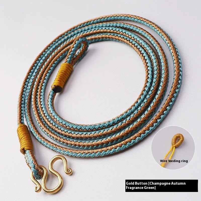 Gold and silver Thangka Peace Buckle jewellery with gem inlaid pendant on imitation pearl, showing pull ring.