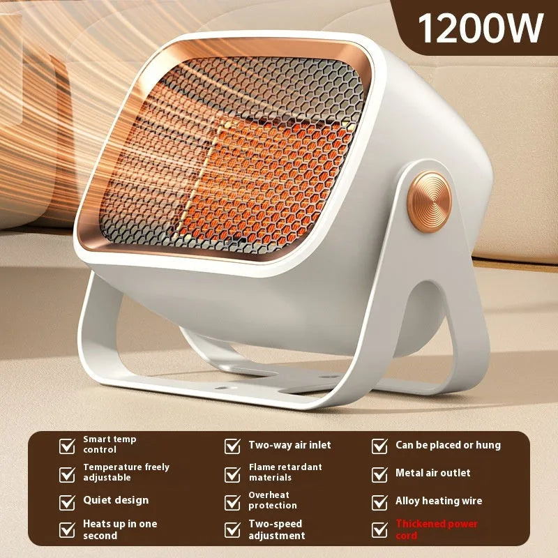 Compact desktop ceramic heater in grey colour with push-button controls