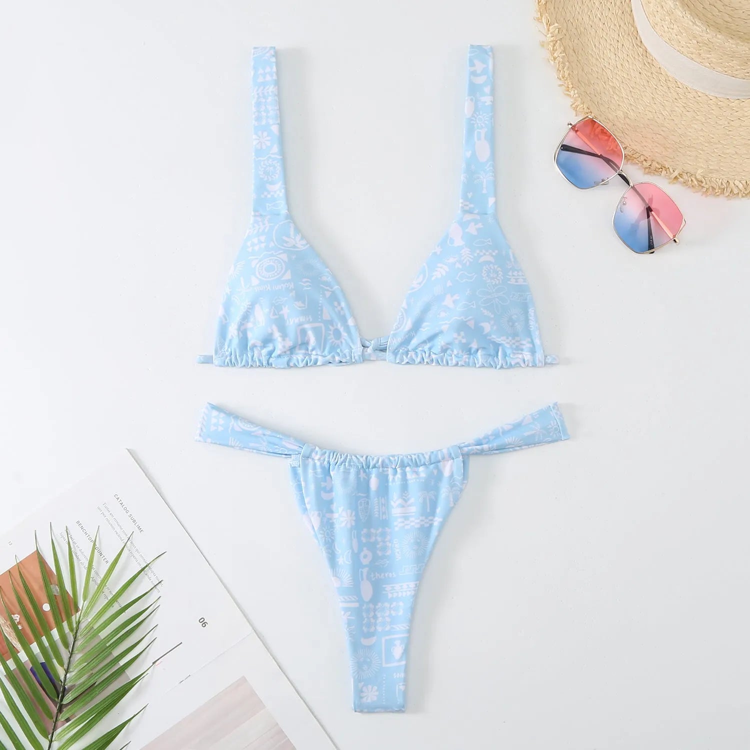 Women's floral-print bikini swimsuit in blue, rose red, sky blue, or white colours