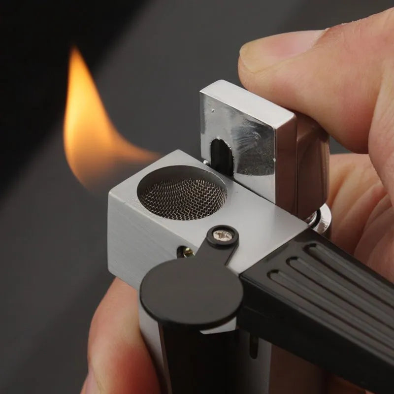 Folding metal pipe lighter showing open position with stash compartment visible