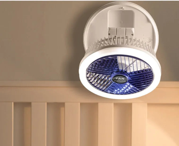 Blue foldable USB desk fan with LED light showing wall mount bracket and pen holder
