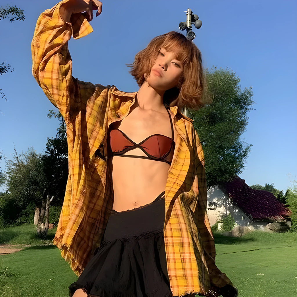 Dopamine yellow plaid shirt in loose cardigan style with chemical fibre blend fabric