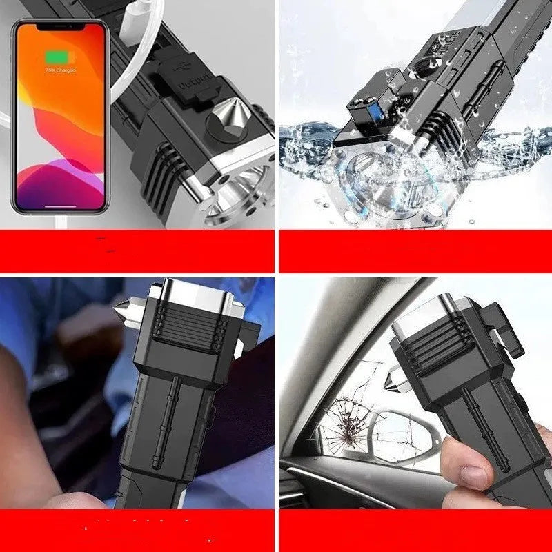 Silver portable LED flashlight with power bank functionality and IP44 rating