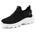 Men's white Flyknit sneakers with a thick PVC sole and round toe on a plain background.