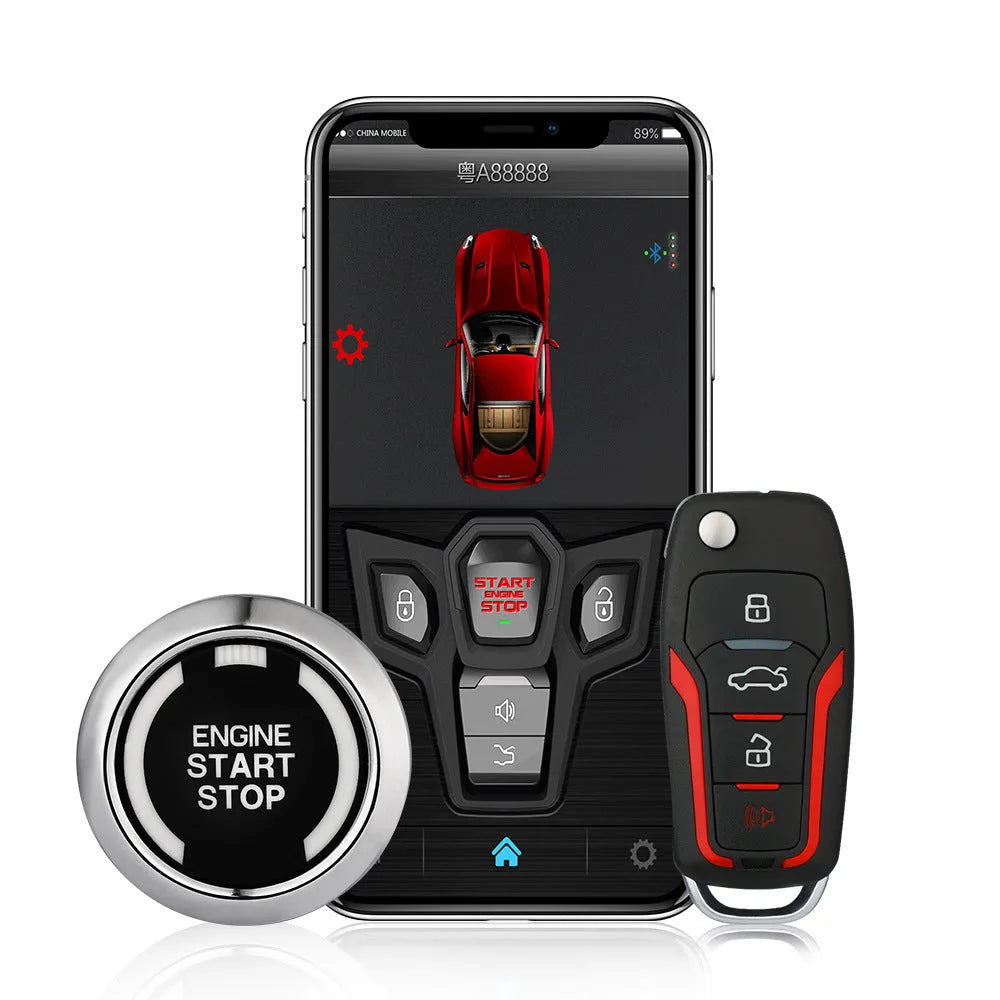 Red and black one-way remote car alarm system with two remote controls for vehicle security