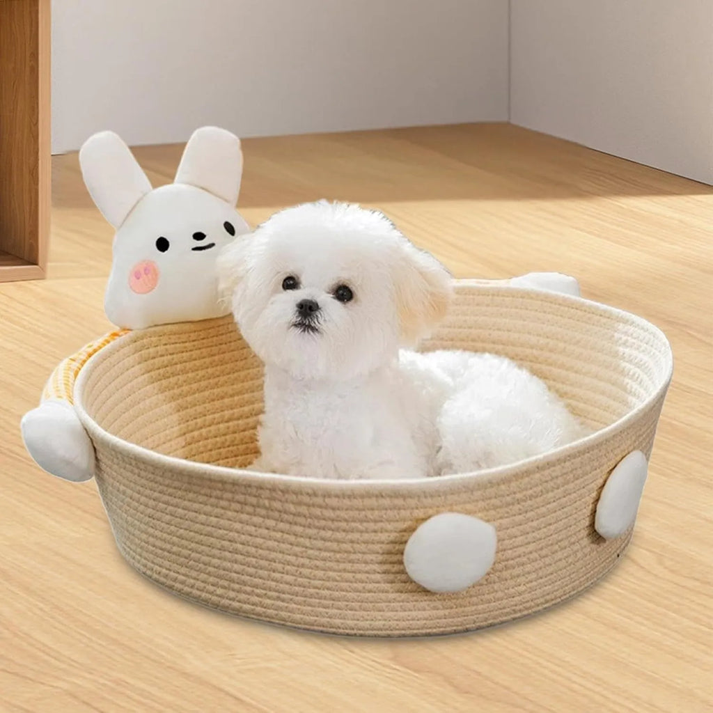 Woven cotton rope cat bed basket with scratching board in bear design for indoor furniture protection