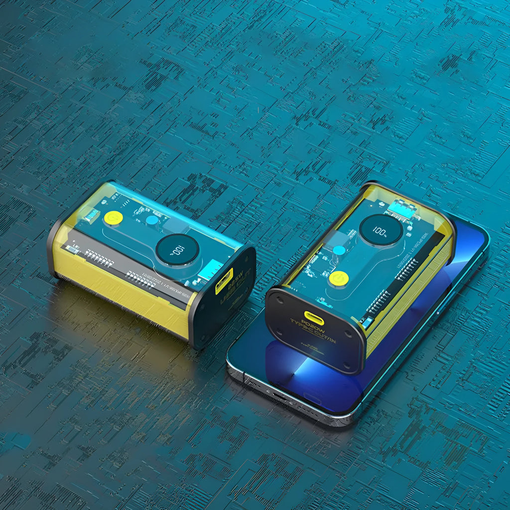 Transparent industrial cylindrical power bank with 10000mAh capacity in yellow colour