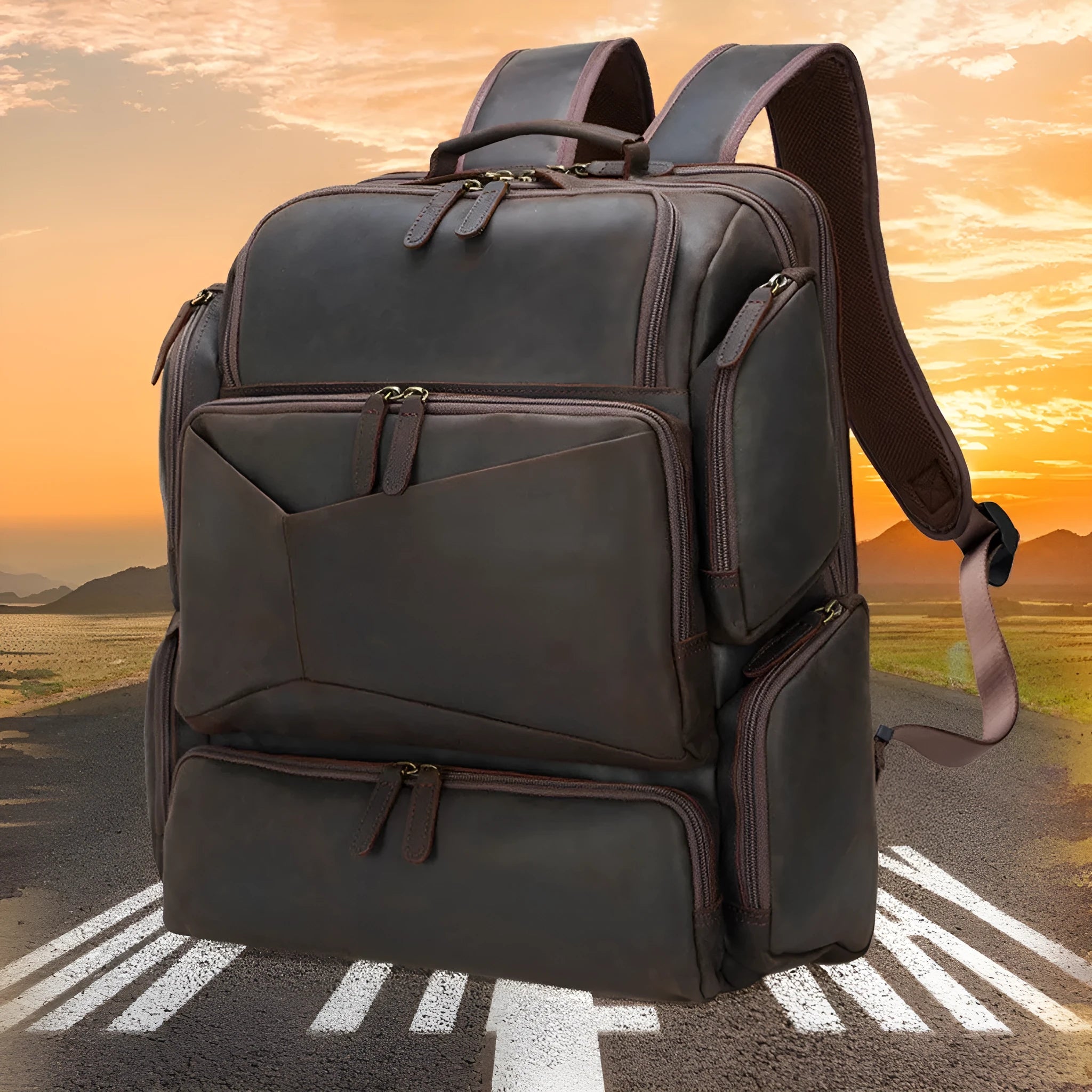 Dark brown genuine leather 17-inch laptop backpack with double shoulder straps and embossed finish
