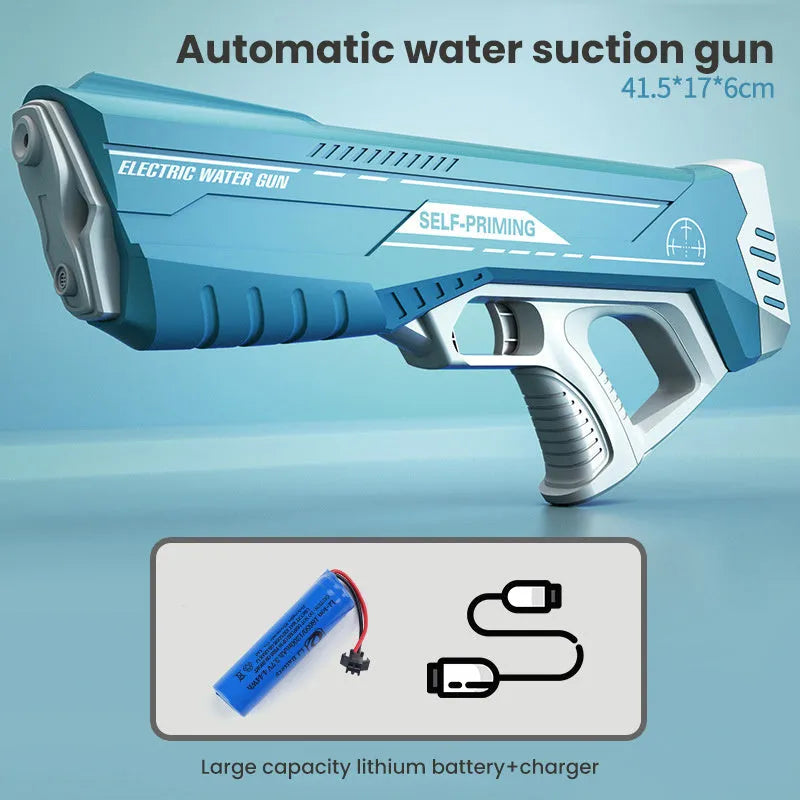 Blue electric water gun with automatic water absorption and USB charging cable