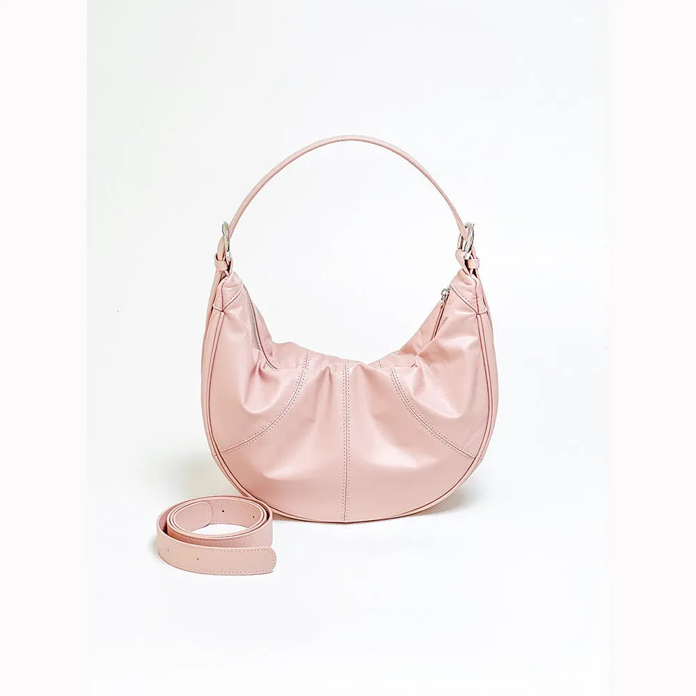 Women's soft cowhide leather dumpling-shaped shoulder bag in black with double straps and sandwich pockets.