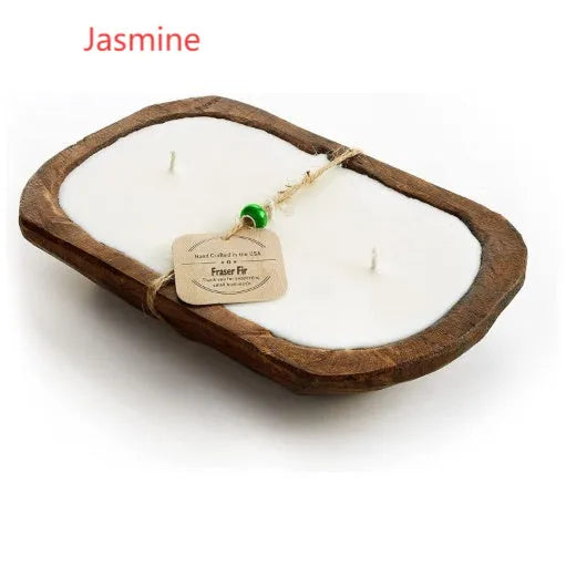 Retro wooden basin container with a triple-wick soy aromatherapy candle in lavender scent