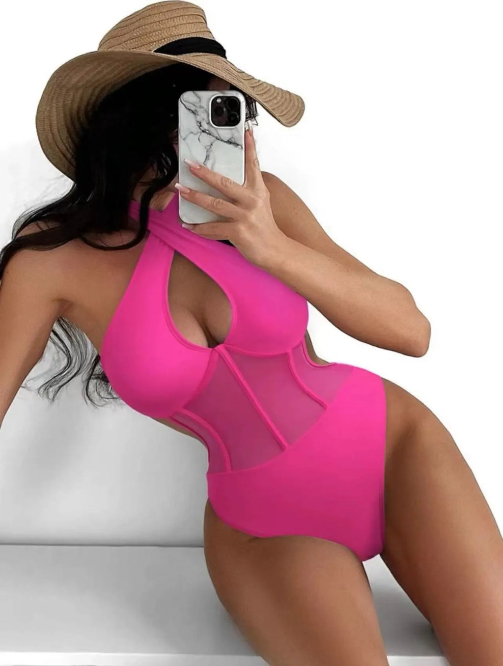 Lady's one-piece spun yarn swimsuit bikini on a hanger, shown in black, rose red, and green colour options.
