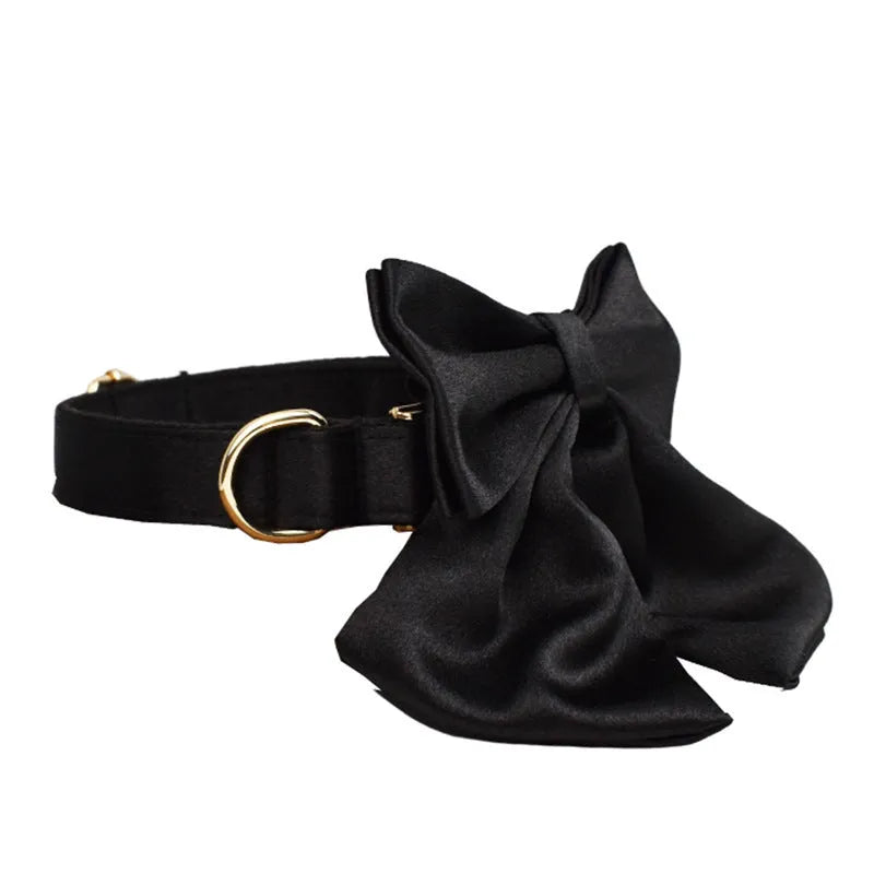 Complete cloth dog harness set including chest strap harness, collar, leash, decorative bow, and vest.