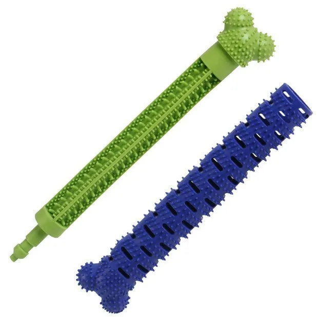 Blue green dog molar tooth cleaner with silicone brush head and massage nodules, 25cm long