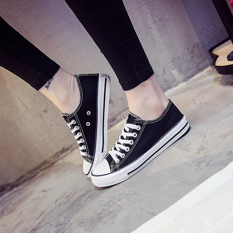 Women's solid colour canvas casual shoes for summer in black, white black, white red, and all black.